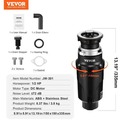 VEVOR 1/2HP Garbage Disposal, 3450RPM Continuous Feed Food Waste Disposer, EZ Connect Food Waste Grinding System with Power Cord & Splash Guard for