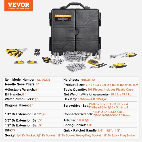 VEVOR 207-Piece Mechanics Tool Set, 1/4" 3/8" 1/2" Drive Sockets, SAE/Metric with Bits, Wrenches, Ratchet Handle, Accessories, and Plastic Storage