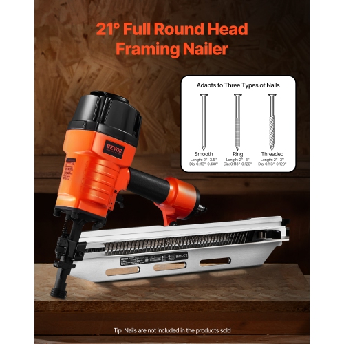 VEVOR 80-120PSI Framing Nailer, Air Nail Gun, 2" to 3-1/2" 21° Full Round Head Pneumatic Nailer with Tool-Less Depth Adjustment & Dual Trigger Modes,