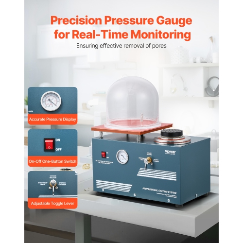 VEVOR 290W Vacuum Investing Casting Machine, with 3 CFM Pump and Bell Jar, Convenient Oil Injection Port, Precision Pressure Gauge, 11 x 11 in