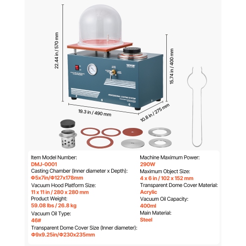 VEVOR 290W Vacuum Investing Casting Machine, with 3 CFM Pump and Bell Jar, Convenient Oil Injection Port, Precision Pressure Gauge, 11 x 11 in