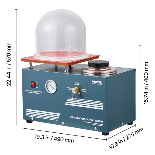 VEVOR 290W Vacuum Investing Casting Machine, with 3 CFM Pump and Bell Jar, Convenient Oil Injection Port, Precision Pressure Gauge, 11 x 11 in