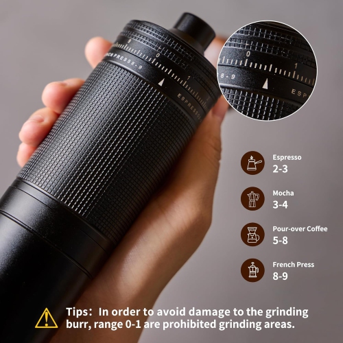 Manual Hand Coffee Grinder with 7 Star Stainless Steel Burr for French Press, Mocha, Espresso, External Adjustable Design, Three Bearing Positioning,