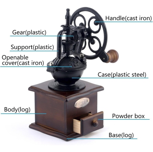Moulin à café manuel en fonte antique Moulin à café à manivelle avec réglages de mouture et boîte de récupération 12,5 x 12,5 26&nbsp;cm