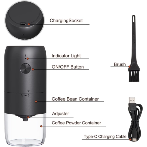 Moulin à café électrique avec meules en céramique ajustables sans mouture, moulin à café électrique portatif One Touch avec brosse de nettoyage,
