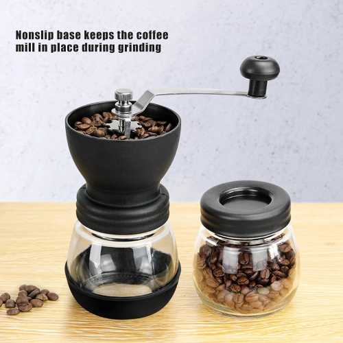 Manual Coffee Grinder with Dual Glass Jars – Adjustable Ceramic Burr Mill, Soft Silicone Grip & Non‑Slip Base, Removable Easy‑Clean Design, Portable