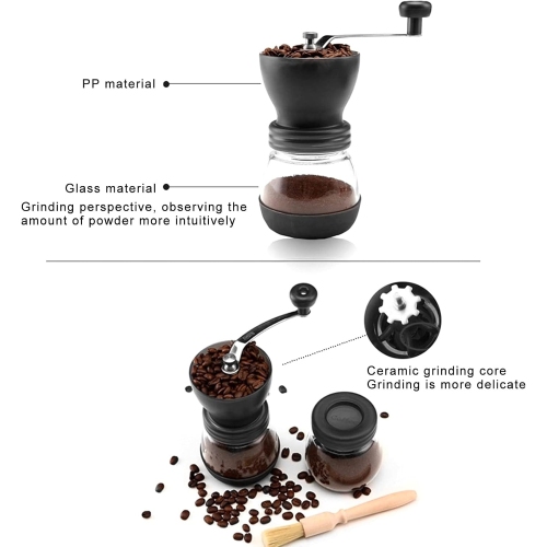 Manual Coffee Grinder with Dual Glass Jars – Adjustable Ceramic Burr Mill, Soft Silicone Grip & Non‑Slip Base, Removable Easy‑Clean Design, Portable