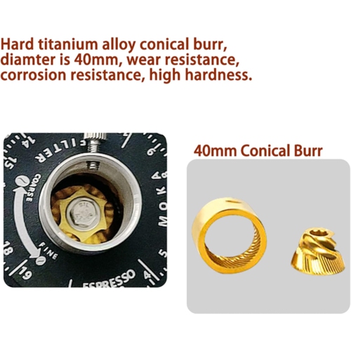 Moulin à café électrique à meule en titane de 40 mm, 19 vitesses à réglage de l'épaisseur Moulin à café pour filtre, cafetière à piston et