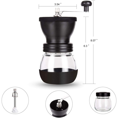 Manual Coffee Bean Grinder with Ceramic Burr, Hand Mill with 2 Glass Jars, Stainless Steel Handle. Ideal for Drip Coffee, Espresso, French Press, and