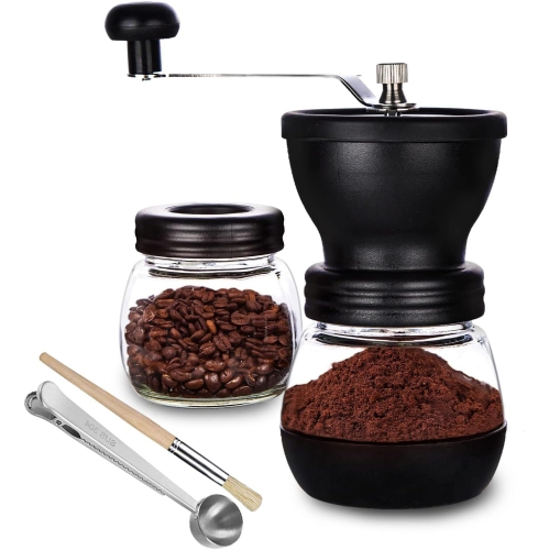 Manual Coffee Bean Grinder with Ceramic Burr, Hand Mill with 2 Glass Jars, Stainless Steel Handle. Ideal for Drip Coffee, Espresso, French Press, and