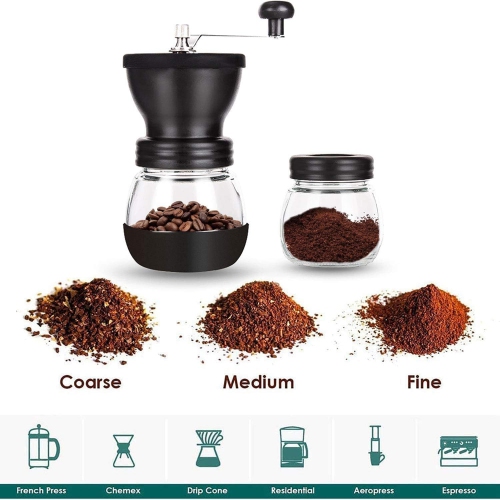 Manual Coffee Bean Grinder with Ceramic Burr, Hand Mill with 2 Glass Jars, Stainless Steel Handle. Ideal for Drip Coffee, Espresso, French Press, and