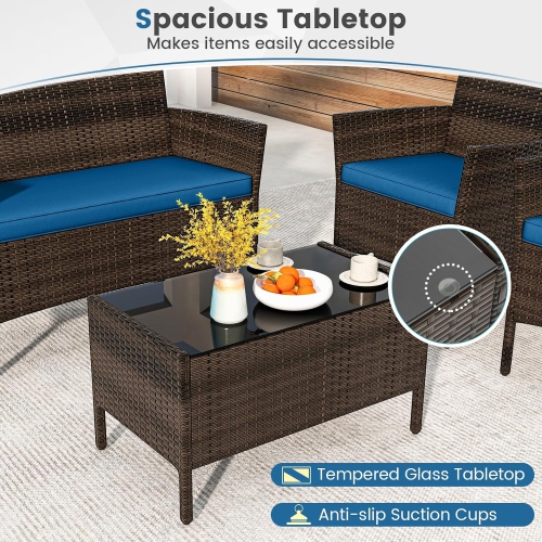 Gymax Set of 4 Furniture Set w/ Washable Cushions & Tempered Glass Coffee Table