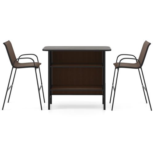 GYMAX  Set Of 3 Outdoor Bar Set Bar Height Table & Armchairs W/ Footrest 2-Tier Shelf