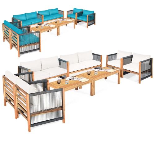 GYMAX  Set Of 8 Wood Outdoor Patio Furniture Set W/cushions Turquoise Cushion Cover Sets In White