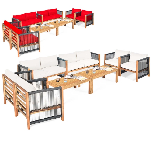 GYMAX  Set Of 8 Wood Outdoor Patio Furniture Set W/cushions White Cushion Cover Sets In Red