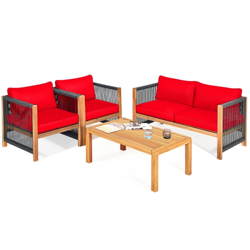 Gymax Set Of 8 Wood Outdoor Patio Furniture Set w/Cushions White Red Cushion Cover Sets