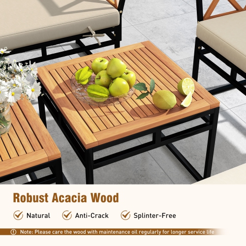 Gymax Set Of 7 Outdoor Conversation Set Acacia Wood Chairs & Coffee Tables Set w/Ottomans