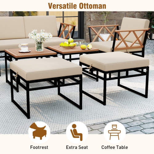 Gymax Set Of 7 Outdoor Conversation Set Acacia Wood Chairs & Coffee Tables Set w/Ottomans