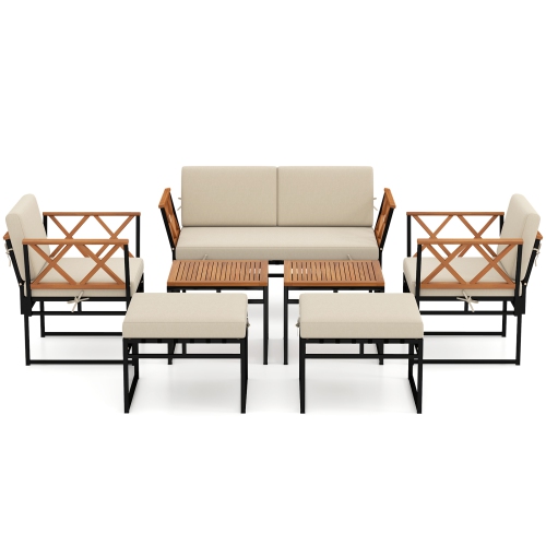 Gymax Set Of 7 Outdoor Conversation Set Acacia Wood Chairs & Coffee Tables Set w/Ottomans