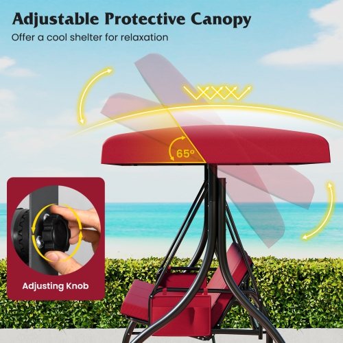 Gymax 3-Seat Patio Swing w/ Canopy & Removable Cushions & Side Pockets Stand
