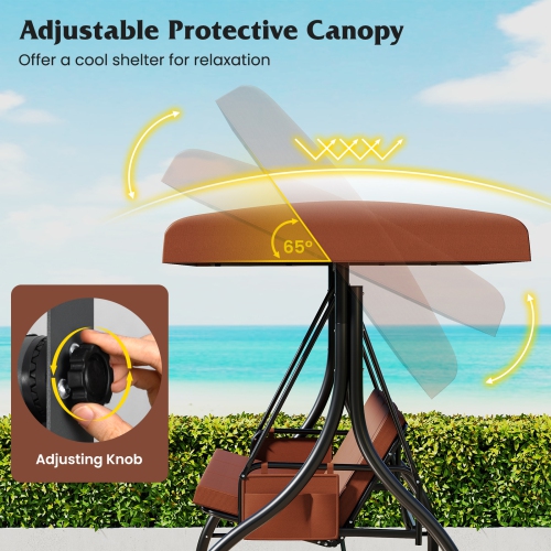 Gymax 3-Seat Patio Swing w/ Canopy & Removable Cushions & Side Pockets Stand
