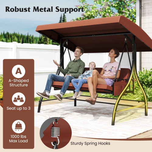Gymax 3-Seat Patio Swing w/ Canopy & Removable Cushions & Side Pockets Stand