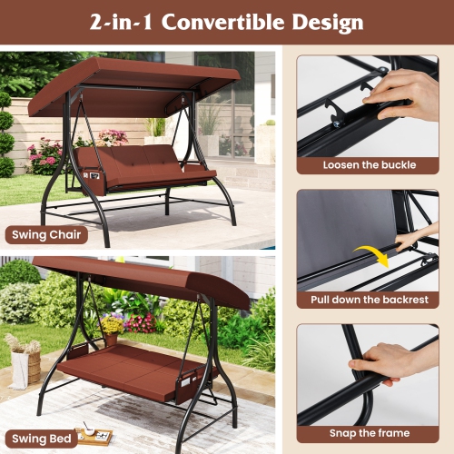 Gymax 3-Seat Patio Swing w/ Canopy & Removable Cushions & Side Pockets Stand