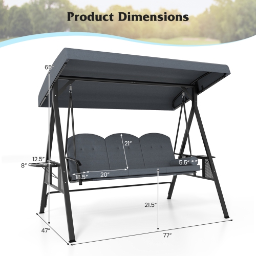 Gymax 3-Seat Patio Swing Chair w/ Adjustable Canopy Thickened Cushions Pillow Outdooor
