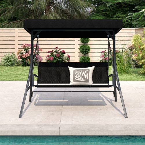 Gymax 3-Person Porch Swing w/ Stand w/ Rattan Seat Back Metal Frame Adjustable Shade