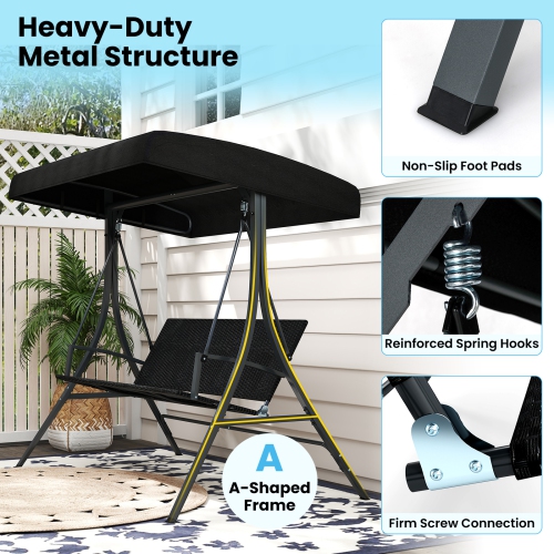 Gymax 3-Person Porch Swing w/ Stand w/ Rattan Seat Back Metal Frame Adjustable Shade