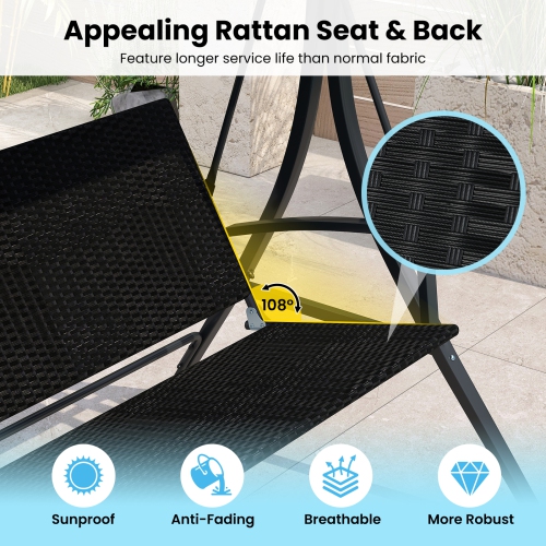 Gymax 3-Person Porch Swing w/ Stand w/ Rattan Seat Back Metal Frame Adjustable Shade