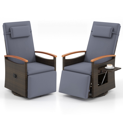 Gymax Set Of 2 Outdoor 360° Swivel Rattan Recliner Chair Patio Wicker Chaise Lounge Chair