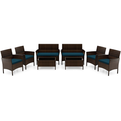 GYMAX  Set Of 8 Furniture Set W/ Washable Cushions & Tempered Glass Coffee Table