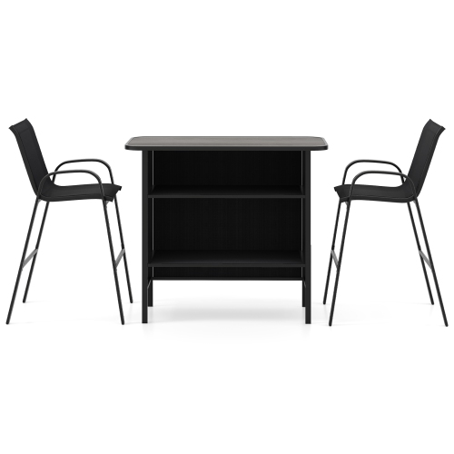 GYMAX  Set Of 3 Outdoor Bar Set Bar Height Table & Armchairs W/ Footrest 2-Tier Shelf