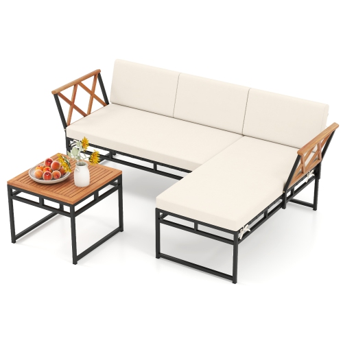 Gymax Set Of 3 L-Shaped Patio Furniture Set w/Loveseat Square Coffee Table Soft Back