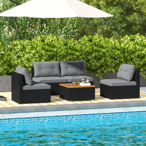 GYMAX  Set Of 5 Outdoor Furniture Set W/ Seat & Back Cushions Acacia Wood Tabletop