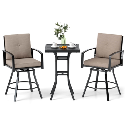 GYMAX  Set Of 3 Swivel Bar Set Table & Chairs Set W/ Soft Cushions & Umbrella Hole
