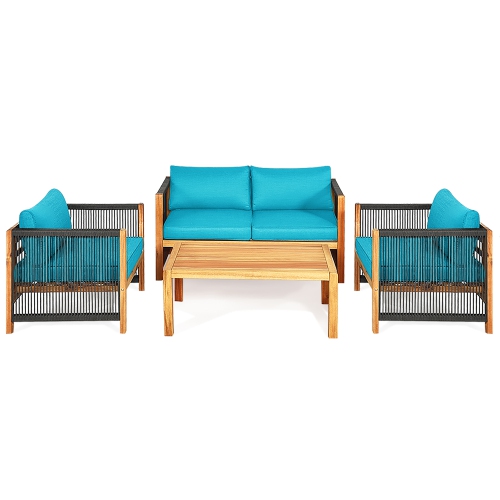 Gymax Set Of 4 Wood Outdoor Patio Furniture Set w/Cushions White Turquoise Cushion Cover Sets