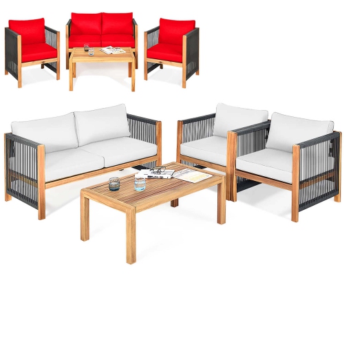 GYMAX  Set Of 4 Wood Outdoor Patio Furniture Set W/cushions White Cushion Cover Sets In Red