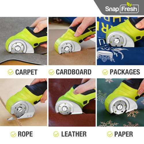 SnapFresh Cordless Electric Scissors 4V Mini Cutter for Carpet Cardboard Leather Plastic with Blade and Charger - Green