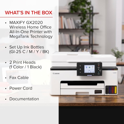 Canon MegaTank GX2020 All-in-One Wireless Supertank Printer, Print Copy Scan, Auto Duplex, ADF, Mobile Printing, 2.7" Color Touchscreen, Home Office