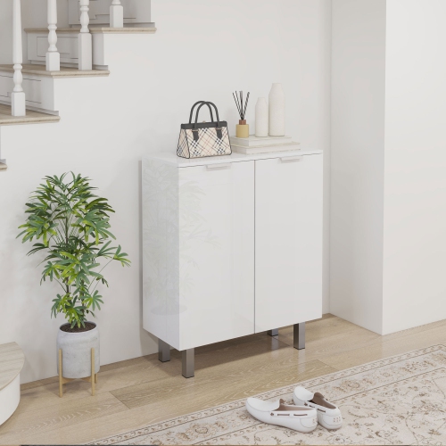 HOMCOM Shoe Cabinet for Entryway, Narrow Shoe Storage Cabinet with Soft-Close Hinges and Adjustable Shelves, Holds 15-20 Pairs, High Gloss White