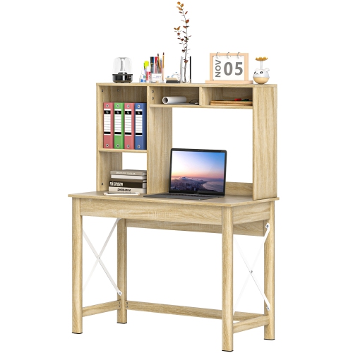 HOMCOM 41" Computer Desk with Storage, Writing Table with Hutch, Shelves and Open Compartments, Work Desk for Home Office, Oak