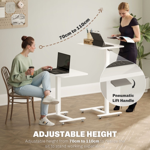 HOMCOM Pneumatic Standing Desk Adjustable Height, Mobile Stand Up Desk with Wheels, 43 Inch Portable Rolling Table, Overbed Table for Home Office,