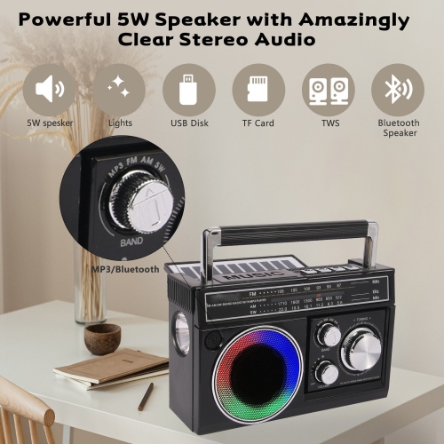 Radios Portable AM FM,Retro Portable Radio with Bluetooth Speaker and Flashlight,Strong Reception Outdoor Solar Emergency Radio with TF Card