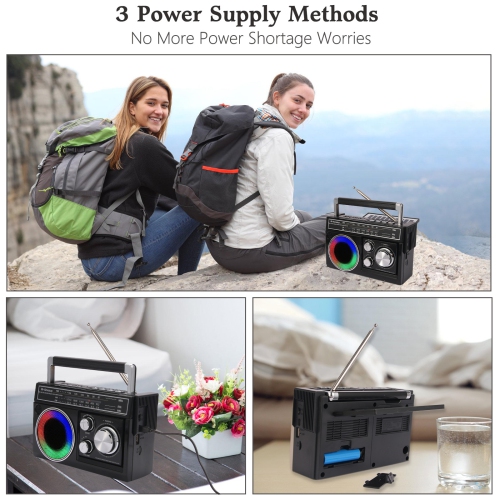 Radios Portable AM FM,Retro Portable Radio with Bluetooth Speaker and Flashlight,Strong Reception Outdoor Solar Emergency Radio with TF Card
