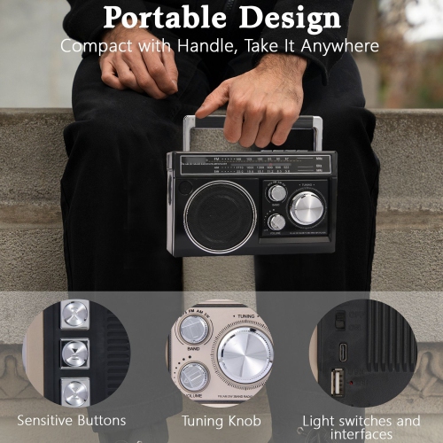 Radios Portable AM FM,Retro Portable Radio with Bluetooth Speaker and Flashlight,Strong Reception Outdoor Solar Emergency Radio with TF Card