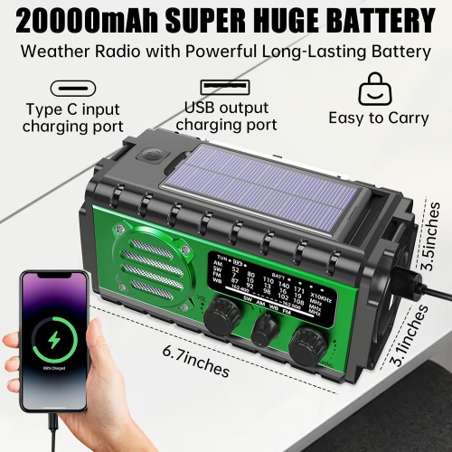 20000mAh Emergency Radio,SW/NOAA/AM/FM Weather Radio,Solar Powered Hand Crank Charger,Portable Emergency Radio with SOS Flashlight for Outdoor Home