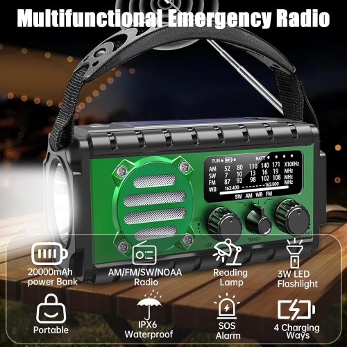 20000mAh Emergency Radio,SW/NOAA/AM/FM Weather Radio,Solar Powered Hand Crank Charger,Portable Emergency Radio with SOS Flashlight for Outdoor Home