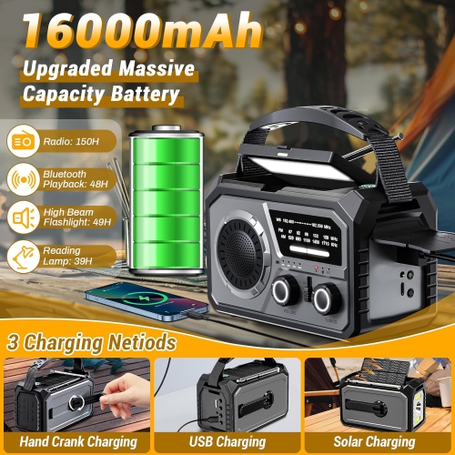 16000mAh Hand Crank Emergency Weather Radio with Wireless Speaker,Solar Emergency Crank Radio,NOAA Weather Alert,AM/FM Portable Radio for Camping